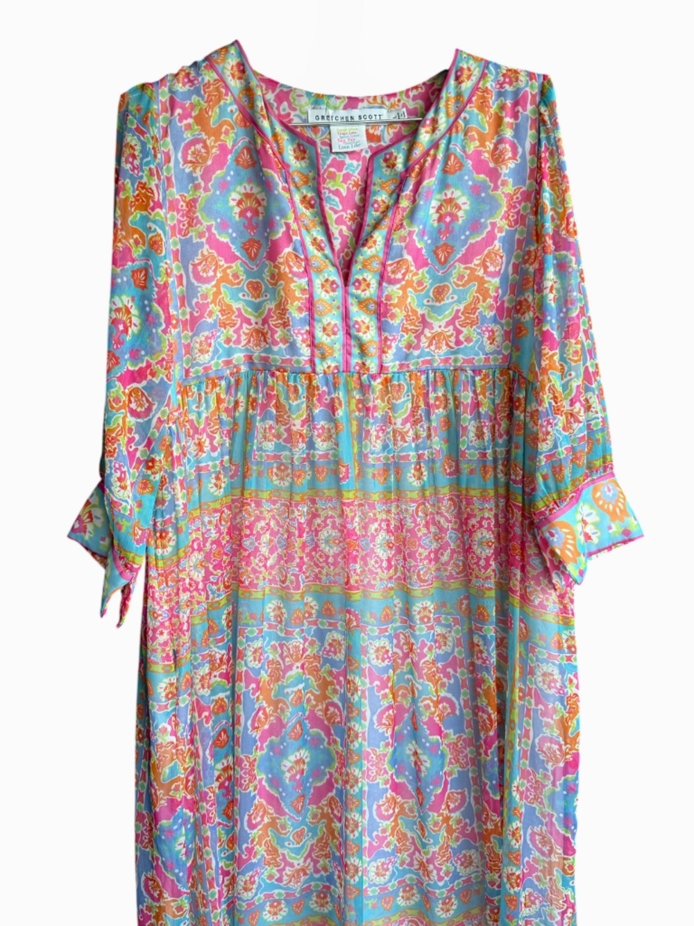 Gretchen Scott Designs Vibrant Bohemian Print 3/4 Sleeve Maxi Dress Sz L - Picture 2 of 10